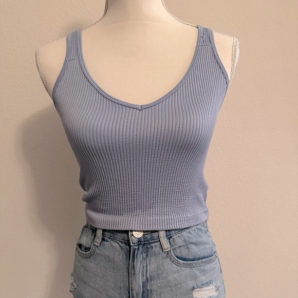 Tops - Blue Stretchy Ribbed Crew Neck Crop Top Tank Sleeveless Size S/M